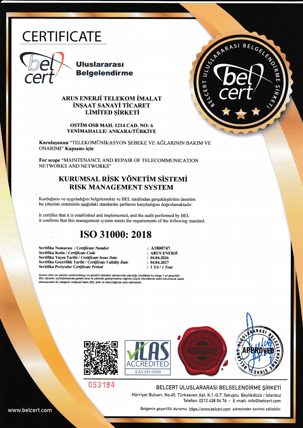 ISO 31000 Kurumsal Risk Yönetim Sistemi Sertifikası