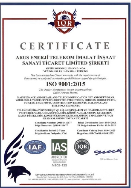 ISO 9001 Kalite Yönetim Sistemi Sertifikası